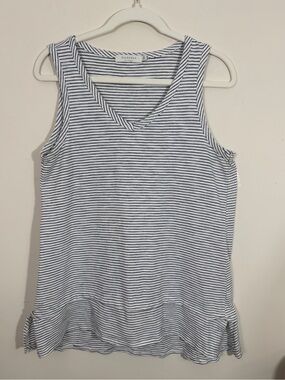 Mododoc M Striped V Neck Sleeveless Shirt Tank Top Banded Hem